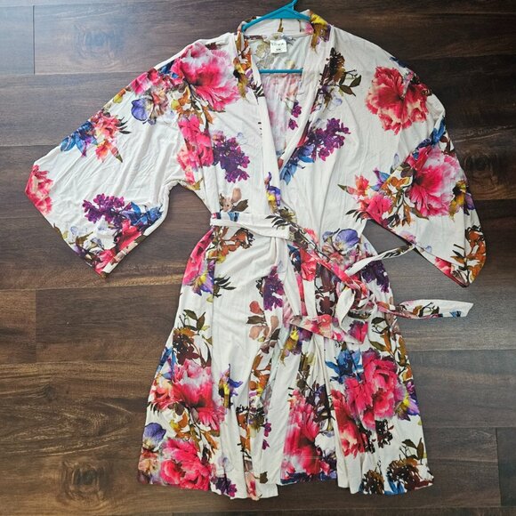 Soma Short Robe Size S/M Grandiose Blooms Allover Pink Floral Belted - Picture 1 of 5